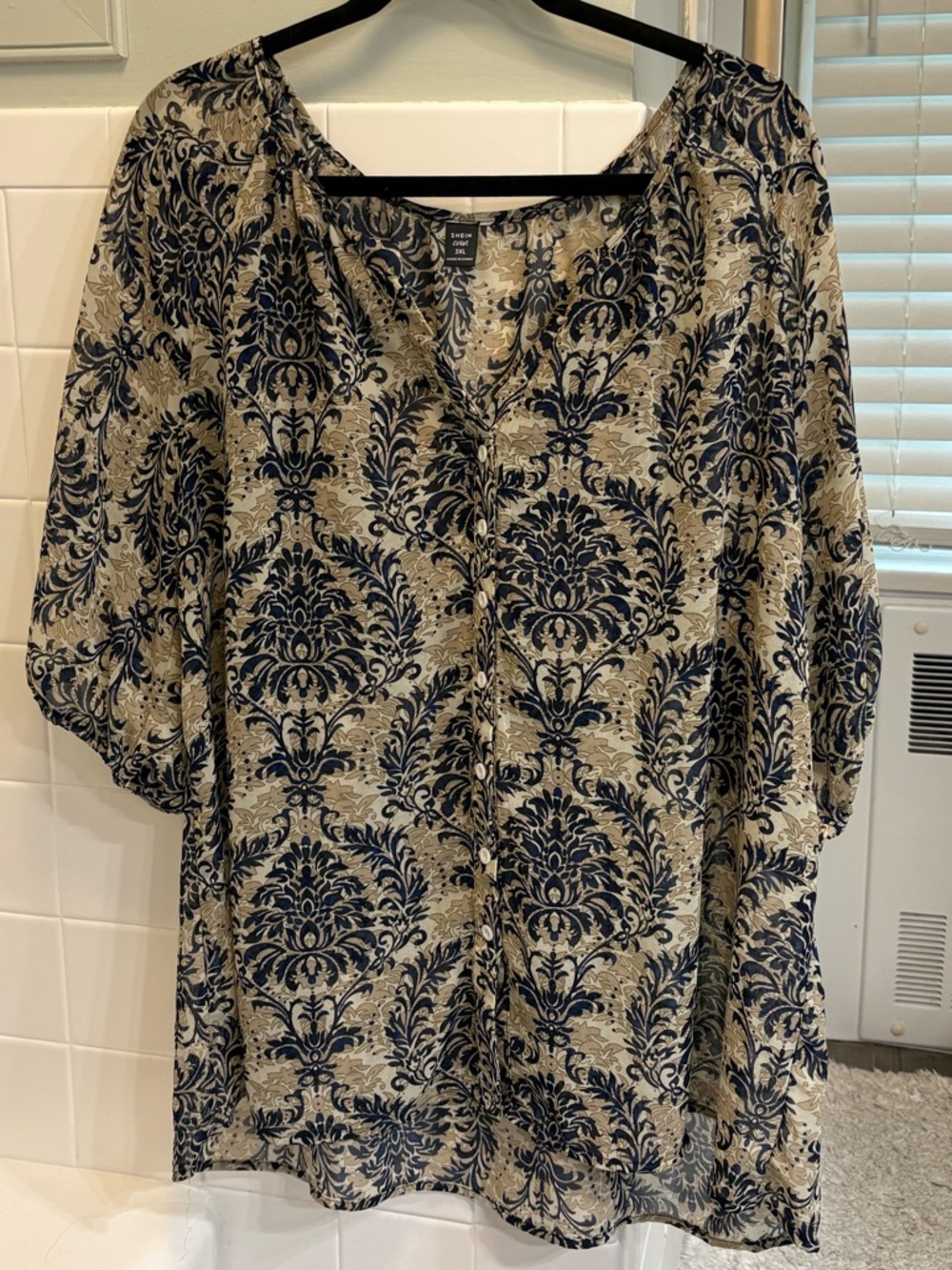 SHEIN curve 3x Navy and Beige Printed V-Neck Women's Top sheer